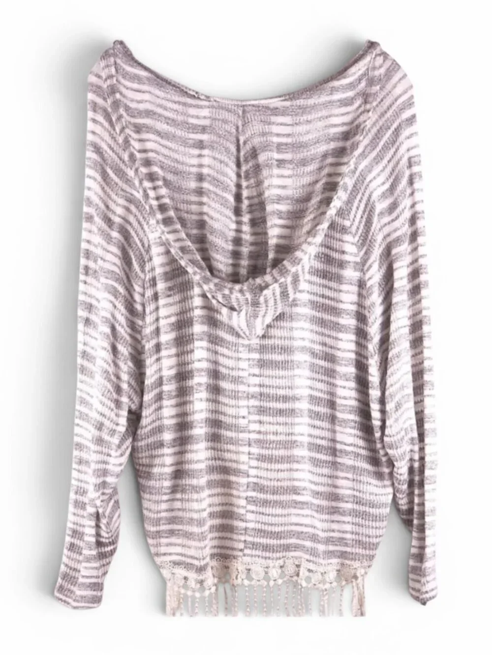 POOF Gray White Striped Lightweight Hooded Fringe Pullover Cover Up Small